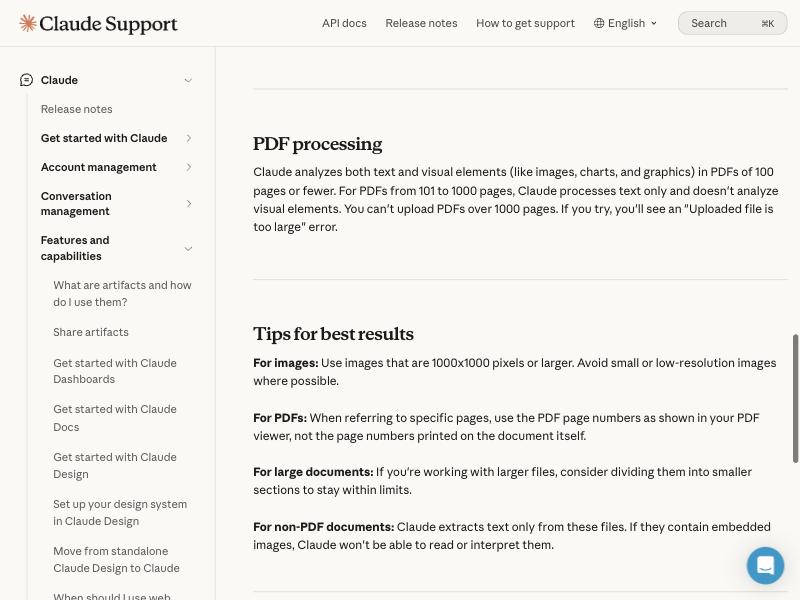Claude help page showing that PDFs of 101 to 1000 pages are processed as text only, with no analysis of images, charts or graphics